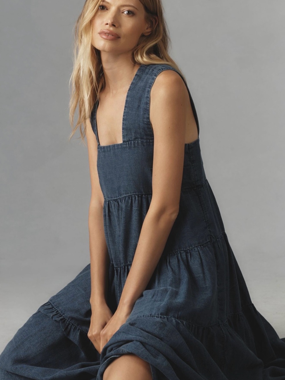 The Helena Square-Neck Tiered Midi Dress: Smocked: Denim Edition - Picture 4 of 15
